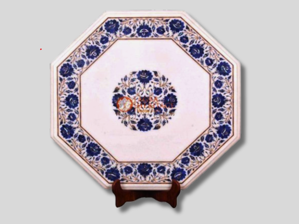 White Marble Lapis Pietradura Inlaid Floral Work Table Top